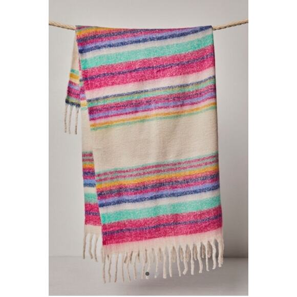 Free People Skye Stripe Fringe Throw Blanket Pink Cream Blue - Picture 2 of 10